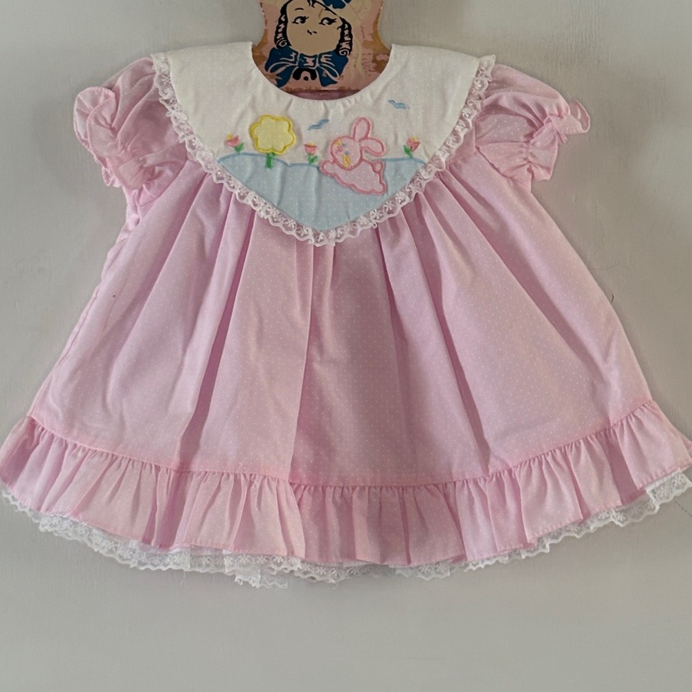 Vintage Tiny Tots light pink polka dot dress bunny applique collar Sz 6-9 mths